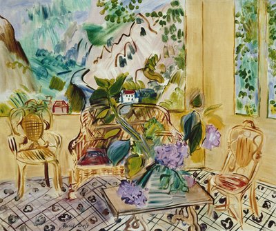 Serrevenster, uitzicht op de bergen (olieverf op doek) door Raoul Dufy
