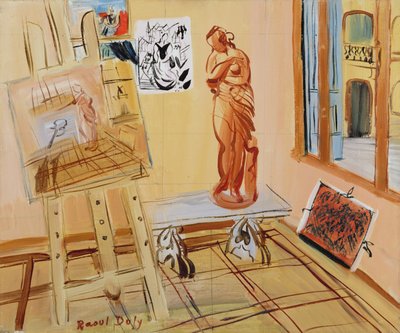 Het atelier van de kunstenaar, c.1942-45 (olieverf op doek met grafiet in kwadraat) door Raoul Dufy