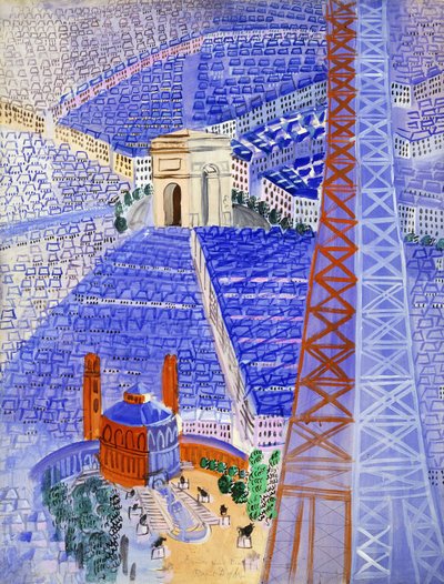 Het Eiffeltorenproject voor het tapijtwerk van Beauvais; La Tour Eiffel, Projet pour la Tapisserie de Beauvais, ca. 1929-1930 (gouache op papier) door Raoul Dufy