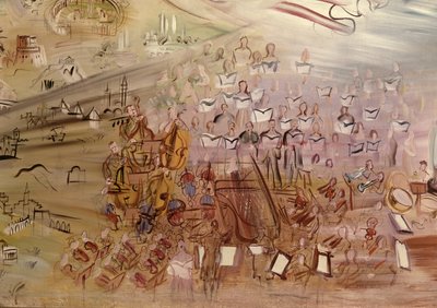 The Story of Electricity, studie voor La Fee Electricite, detail van het linkergedeelte met het orkest door Raoul Dufy