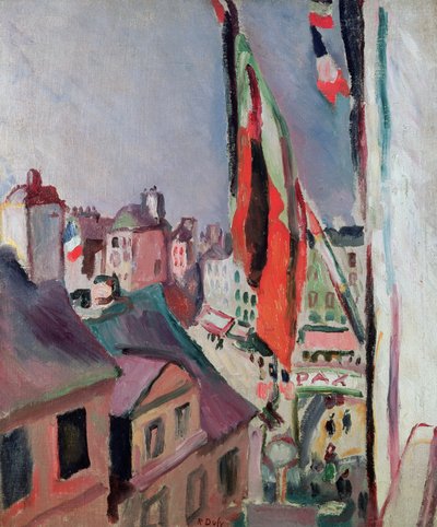 De straat versierd met vlaggen door Raoul Dufy