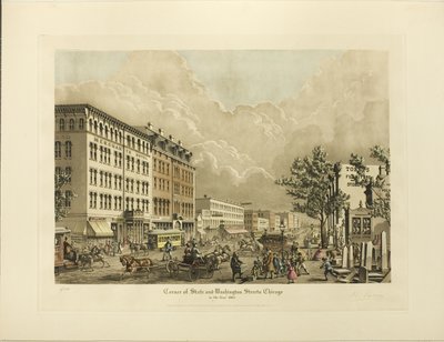 Hoek van State en Washington Streets, Chicago, in het jaar 1865 door Raoul Varin