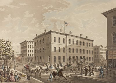 N.W. Hoek van Dearborn en Monroe Straten, Chicago, met het Postkantoorgebouw in het Jaar 1865 door Raoul Varin