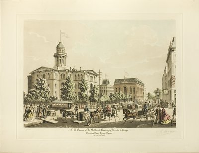 N.W. Hoek van LaSalle en Randolph, Chicago, met het Gerechtsplein in het Jaar 1864 door Raoul Varin