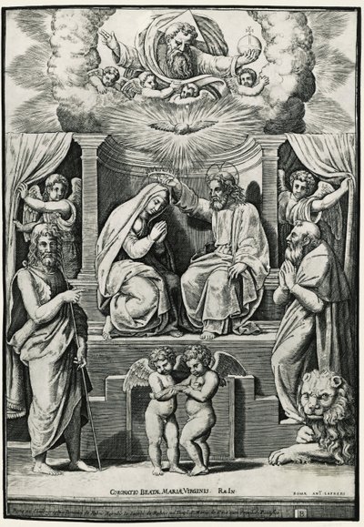 Kroning van de Maagd in aanwezigheid van Sint-Jan de Doper en Sint-Hieronymus door Raphael (1483 1520) (after)
