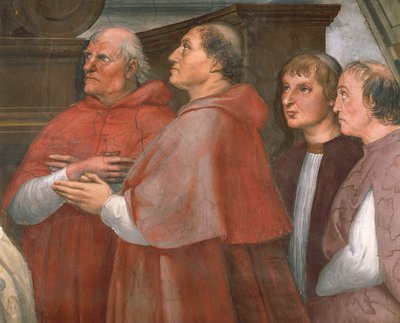 Kardinaal Raffaele Riario met omstanders, detail van De Mis in Bolsena door Raphael (1483 1520)