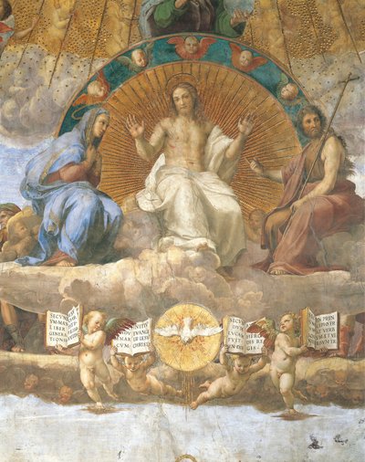 Christus geflankeerd door de Heilige Maagd Maria en Johannes de Doper, detail van de Disputatie van het Heilig Sacrament door Raphael