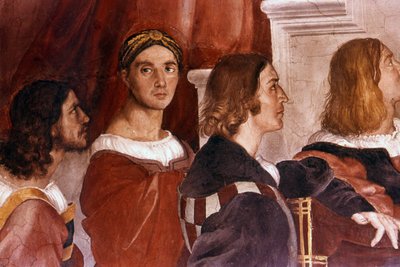 Detail van Rafaël (midden van voren) uit de mis in Bolsena. 1514. Fresco van Rafaël (14831520):Raffaello Sanzio. door Raphael (1483 1520)