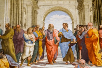 School van Athene, (detail). Plato en Aristoteles. 1509 (fresco) door Raphael