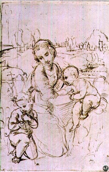 Studie van een Madonna en Kind met de jonge St. Johannes de Doper door Raphael