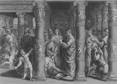 Petrus en Johannes bij de Schone Poort, Handelingen 3, Vers 1-12 (gravure) door after Raphael