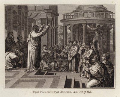 Raphael cartoon: Paulus predikt in Athene, Handelingen, Hoofdstuk XVII (gravure) door after Raphael