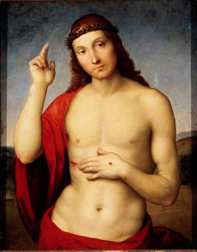 Christus op de bank Schilderij door Raffaello Sanzio genaamd Raphael (1483-1520) 1506 Zon. 30x25 cm Brescia, Pinacoteca Tosio Martinengo door Raphael