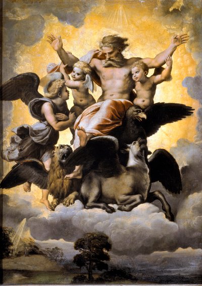 Ezechiëls visioen. Met de tetramorf omringd door cherubijnen. door Raphael