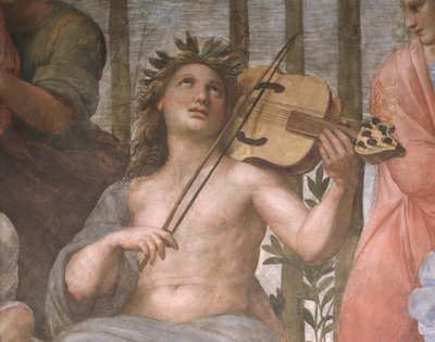 Parnassus, detail (Apollo speelt een viola da braccio), uit de Stanza della Segnatura door Raphael