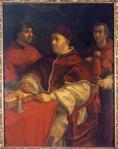 Portret van Paus Leo X (1475-1521), zoon van Laurent de Medici (1449 - 1492) (Laurent de Magnifieke: Lorenzo il Magnifico) omringd door Kardinalen Luigi de 
