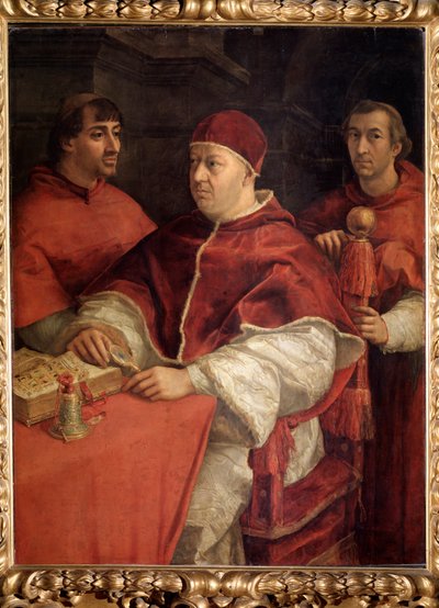 Portret van Paus Leo X met Kardinaal Louis de Rossi en Giulio de Medici door Raphael