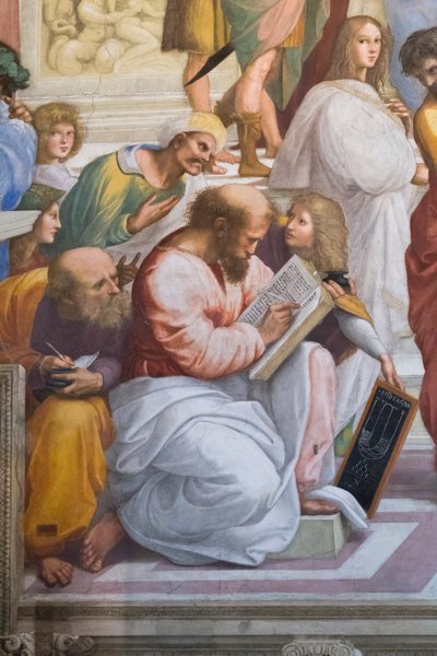 De School van Athene, detail van Pythagoras en zijn studenten, Stanza della Segnatura door Raphael (1483 1520)