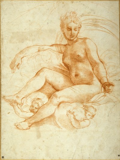 Venus zittend op wolken wijzend naar beneden door Raphael