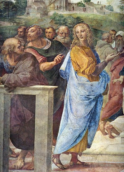 Disputa. Detail: Architect Bramante en Francesco Maria Della Rovere rechts, 1509 door Raffaello Sanzio Raphael