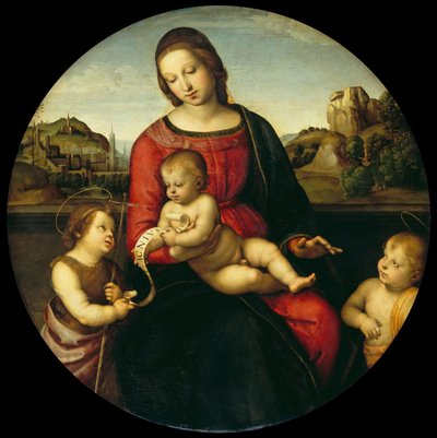 Maria met het kind, Johannes de Doper en een heilige jongen Madonna Terranuova, ca. 1505 door Raffaello Sanzio Raphael