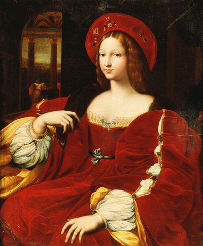 Portret van Giovanna van Aragon, zittend driekwart lengte, in haar kamer door Raphael