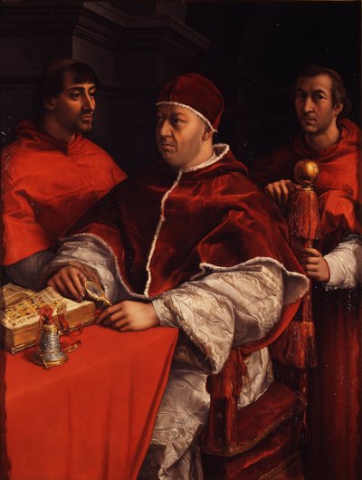 Portret van Paus Leo X met kardinalen Giulio de Medici en Luigi de Rossi, ca. 1518 door Raffaello Sanzio Raphael