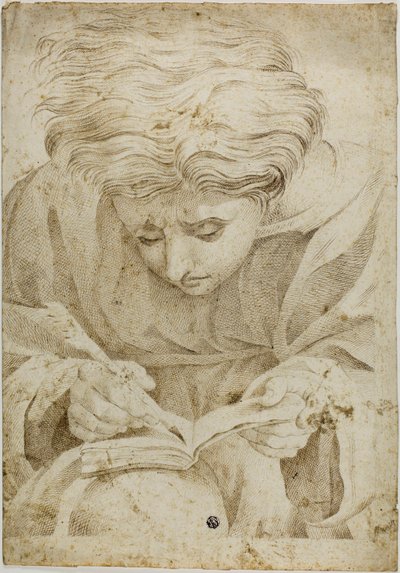 Zittende jongeling die in een boek schrijft door Raphael