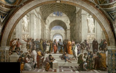 De School van Athene. Fresco in Stanza della Segnatura, ca. 1510-1511 door Raphael