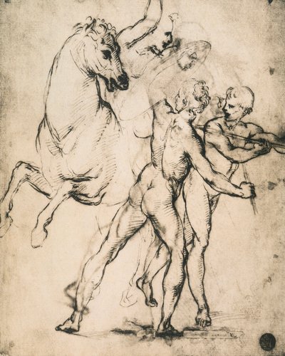 Mannelijke naakten met een paard; tekening door Raphael door Raffaello Sanzio Raphael