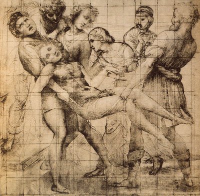 Voorbereidende tekening voor het Transport van de Dode Christus ook bekend als de pala Baglioni; werk van Raphael. Gabinetto dei disegni e delle stampe, Uffizi, Florence door Raffaello Sanzio Raphael