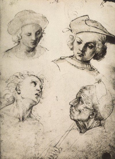 Studie van vier mannelijke gezichten door Raffaello Sanzio Raphael
