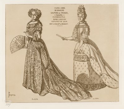 Hofkostuums. Marie Anne de Baviere, Dauphine van Frankrijk, getrouwd met de zoon van Koning Lodewijk XIV. Naar kunstwerk in de collectie van Bonnart. door Raphael Jacquemin