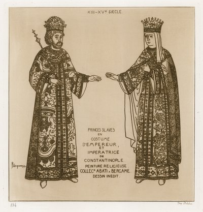Slavische prinsen in kostuum als de keizer en keizerin van Constantinopel (gravure) door Raphael Jacquemin