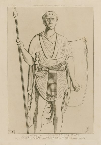 Soldaat van de IVe cohort Dalmatië. Bas-reliëf van het Artilleriemuseum in Parijs. Ongepubliceerde tekening. Militaire kostuums - infanterie - Westers Rijk. door Raphael Jacquemin