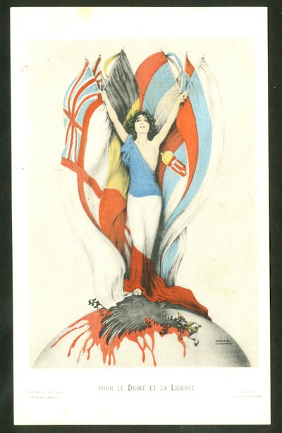 Ansichtkaart, kleur satirisch: Voor wet en vrijheid - Oorlog van 14-18, bondgenoten, vlaggen - Adelaar illustratie door Kirchner door Raphael Kirchner