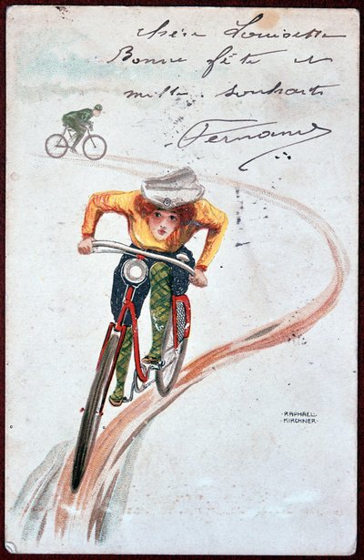 Ansichtkaart van een vrouw op een fiets - tekening door R. Kirchner, ca. 1900. door Raphael Kirchner