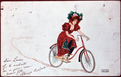 Ansichtkaart van een vrouw op een fiets - illustratie door R. Kirchner, ca. 1900 door Raphael Kirchner