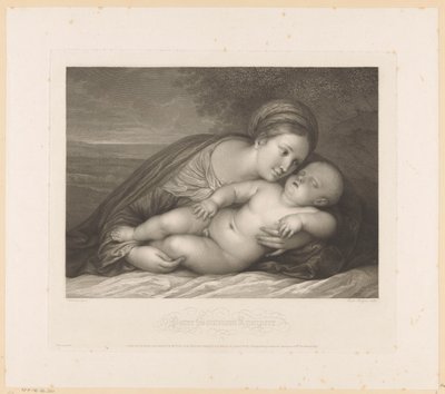 Maria met slapend kind in landschap door Raphael Morghen