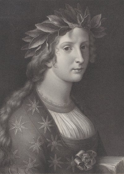 Poëzie, een vrouw met een lauwerkrans door Raphael Morghen