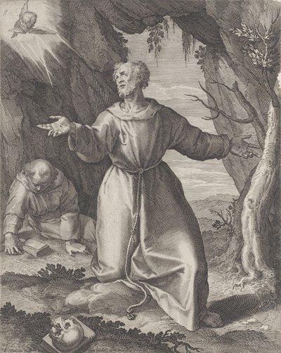 Sint Franciscus knielend met uitgestrekte armen, kijkend naar een cherub linksboven... door Raphael Sadeler