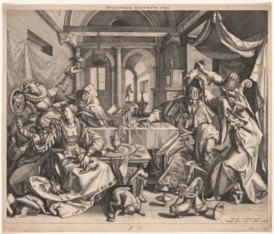 Stultitiam patiuntur opes Rijkdom staat domheid toe, of, Allegorie van rijkdom, lust en domheid door Raphael Sadeler