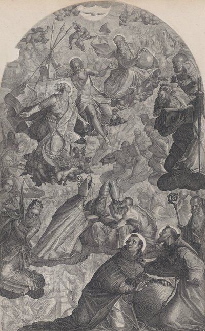 De visie van Sint Dominicus, met God de Vader en Christus bovenaan in het midden, de Maagd staand, 1607 door Raphael Sadeler II
