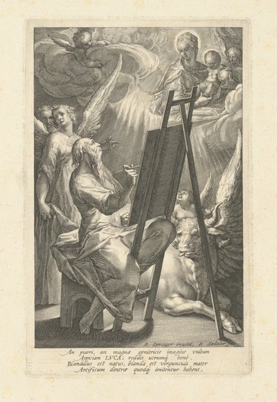 Sint Lucas schildert de Maagd door Raphael Sadeler I, after Bartholomaeus Spranger