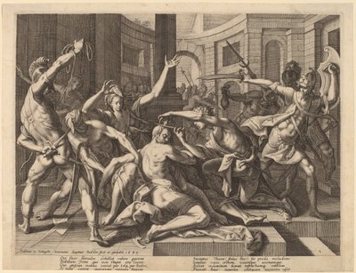 Delilah knipt Simsons haar door Raphael Sadeler I after Joos van Winghe