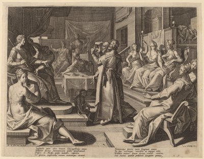 Heliogabalus en de Wijze Vrouwen door Raphael Sadeler I after Joos van Winghe