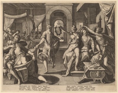 Sardanapalus onder de Bijvrouwen door Raphael Sadeler I after Joos van Winghe