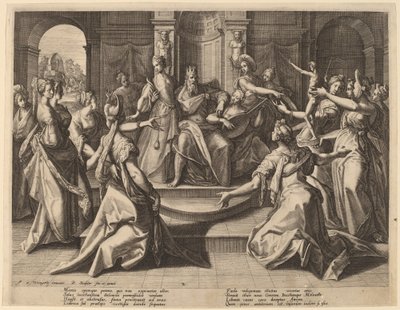 Salomo Verleid tot Afgoderij door Zijn Vrouwen door Raphael Sadeler I after Joos van Winghe