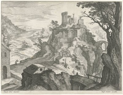 Landschap met de tempel van Vesta te Tivoli door Raphaël Sadeler (I) (attributed to)
