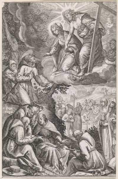 Christus en de maagd Maria verschijnen aan de Heilige Franciscus en zijn orde door Raphaël Sadeler (I)